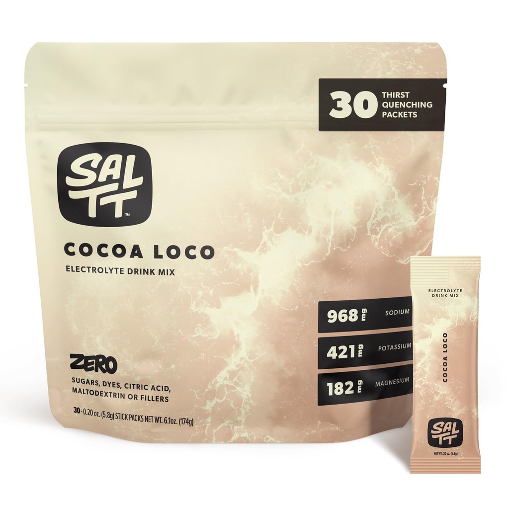 SALTT Electrolytes Dust Flavored Drink Mix - Cocoa Loco - 30 Hydration Packets - Magnezyum, Pyum, sodyum, Trace Minerals - Zero Sugar & Gluten Free - Travel Essentials