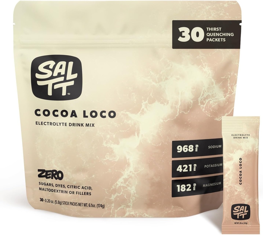 SALTT Electrolytes Powder Flavored Drink Mix - Cocoa Loco - 30 Hydration Packets - Magnesium, Potassium, Sodium, Trace Minerals - Zero Sugar & Gluten Free - Travel Essentials