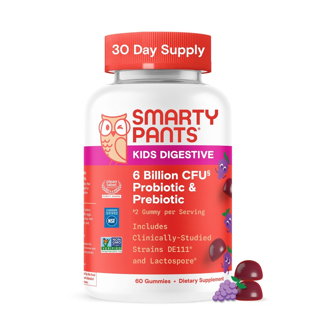 SmartyPants Kids Probiyotik & Prebiyotik Gummies for Digestive Health: Gut Health Supplement, Klinik olarak Immune Support, Grape, 60 Kont (30 Day Supply)