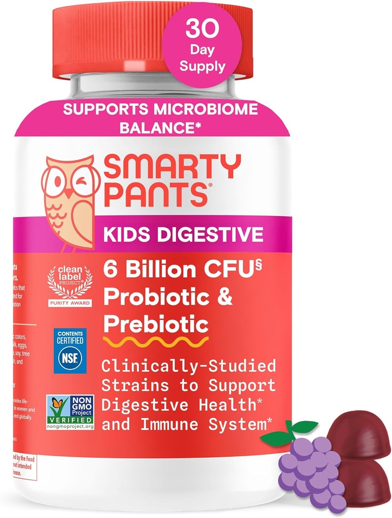 SmartyPants Kids Probiyotik & Prebiyotik Gummies for Digestive Health: Gut Health Supplement, Klinik olarak Immune Support, Grape, 60 Kont (30 Day Supply)