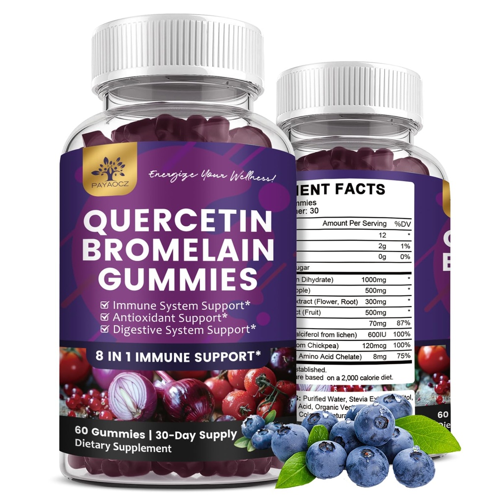 (2 Συσκευασία) Κουερσετίνη Gummies με Bromelain Ψευδάργυρος Elderberry Βιταμίνη C D3 K2, Quercetin 1000mg Συμπλήρωμα με Bromelain 500mg για Καρδιαγγειακό, Ανοσολογικό Σύστημα & Αλλεργία, Vegan Gummy για Ενηλίκους & Παιδιά