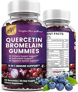 (2 Pack) Bromelain çinko Elderberry Vitamin C D3 K2, Quercetin 1000 mg Supplement with Bromelain 500 mg for Cardiovascular, Immune System & Alerji, Vegan Gummy for Adult & Kid
