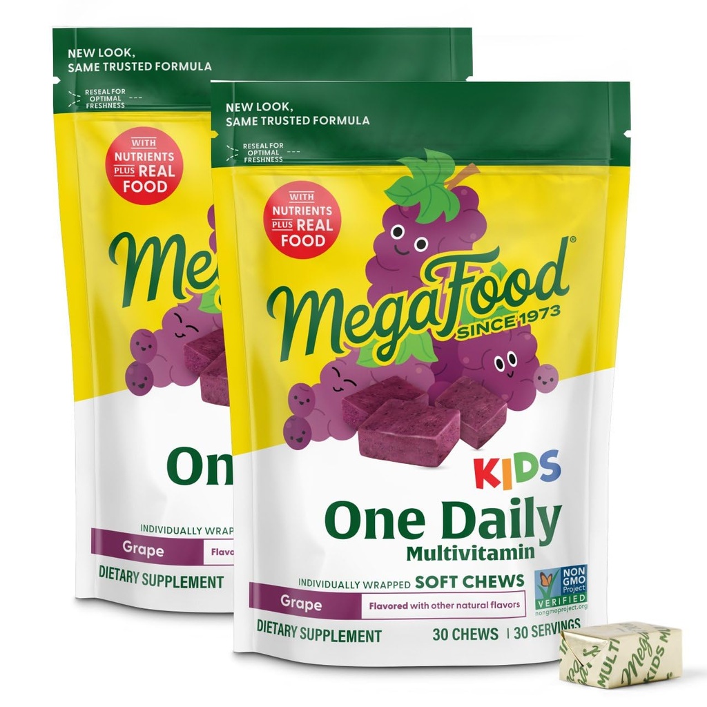 MegaFood One Daily Kids Vitamins Multivitamin Soft Chews - Vitamin B, C, D & E - Age 4+, Vegetarian, Made Without 9 Food Allergens - Grape Flavor – 30 Chews (2 Pack)