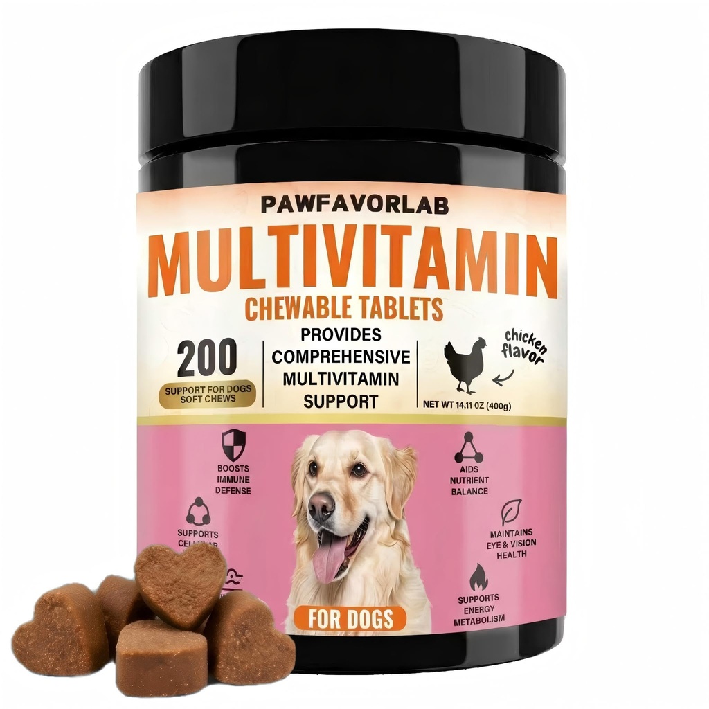 Dog Multivitamin Chewable Tablets (200 Count) – 24 in 1 Chicken Flavor Daily Dog Supplements & Vitamins with Glucosamine, Pumpkin, Krill Oil, Chondroitin, Probiotics & Omega-3 for Dogs of All Ages