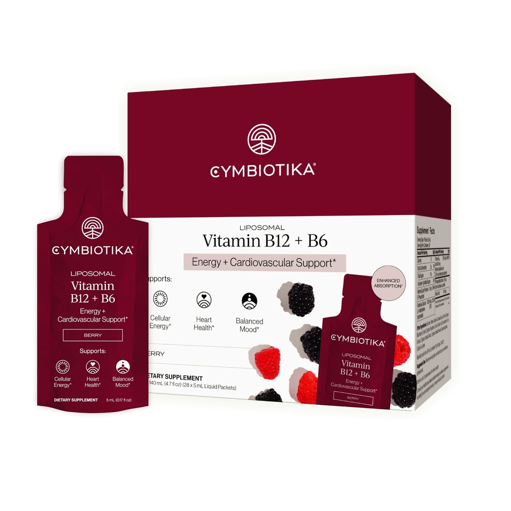 CYMBIOTIKA Liposomal Vitamin B12 + B6 Liquid Supplement, Cellular Energy, Brain Health, Heart Health, + Nerve Function Support, Enhanced Absorption, Gluten Free, Soy Free, Plant-Based, 28 5 mL Packets
