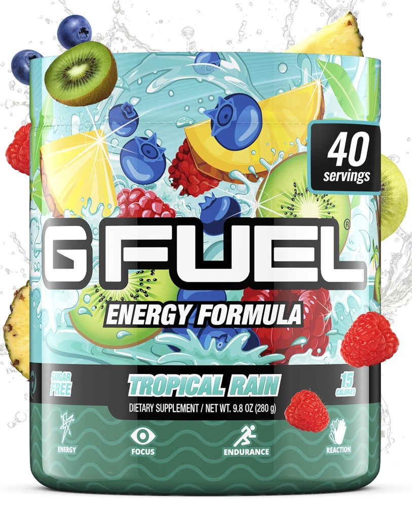 G Καύσιμα Tropical Rain Energy Drink Powder, Pre Processing Caffeine Mix for Gaming, Sugar Free Focus Amino, Βιταμίνη + Αντιοξειδωτικά, 9.8oz (Fruit Medley, 40 Services)