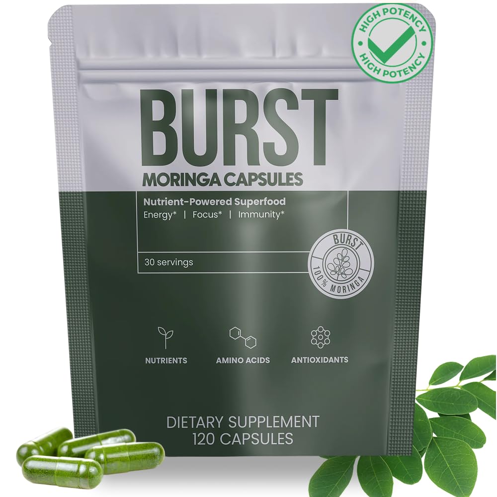 Burst Organic Moringa Capsules 120 Count | Wild Harvested Pure Moringa Leaf | Non-GMO, Gluten-Free, Vegan | Nutrients, Antioxidants | Vitamins A, C & E | Clean Energy & Immunity | Moringa Supplement