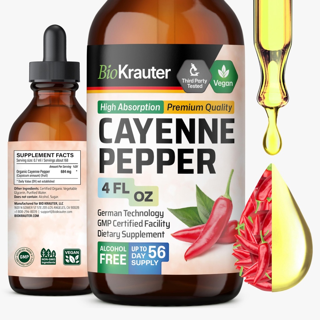 BIO KRAUTER Cayenne Pepper Türlü - Pure Capsaicin Ekstraksiyon - Sıvı Cayenne Pepper Digestive Support - Sugar & Alkol Free 4 Fl.Oz.