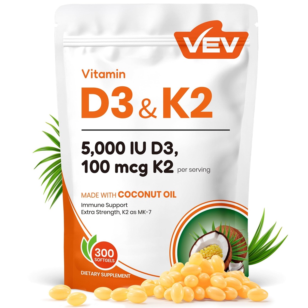 VEV Corefeel Vitamin D3 K2, 5000 IU D3 100mcg K2 (MK 7), 300 Softgels, 2in-1 Vitamin D & K Supplement with Coconut Oil, Supportsuba Abxia and Bone Health, Easy to Swallow and Bone Health, Easy to Swallow