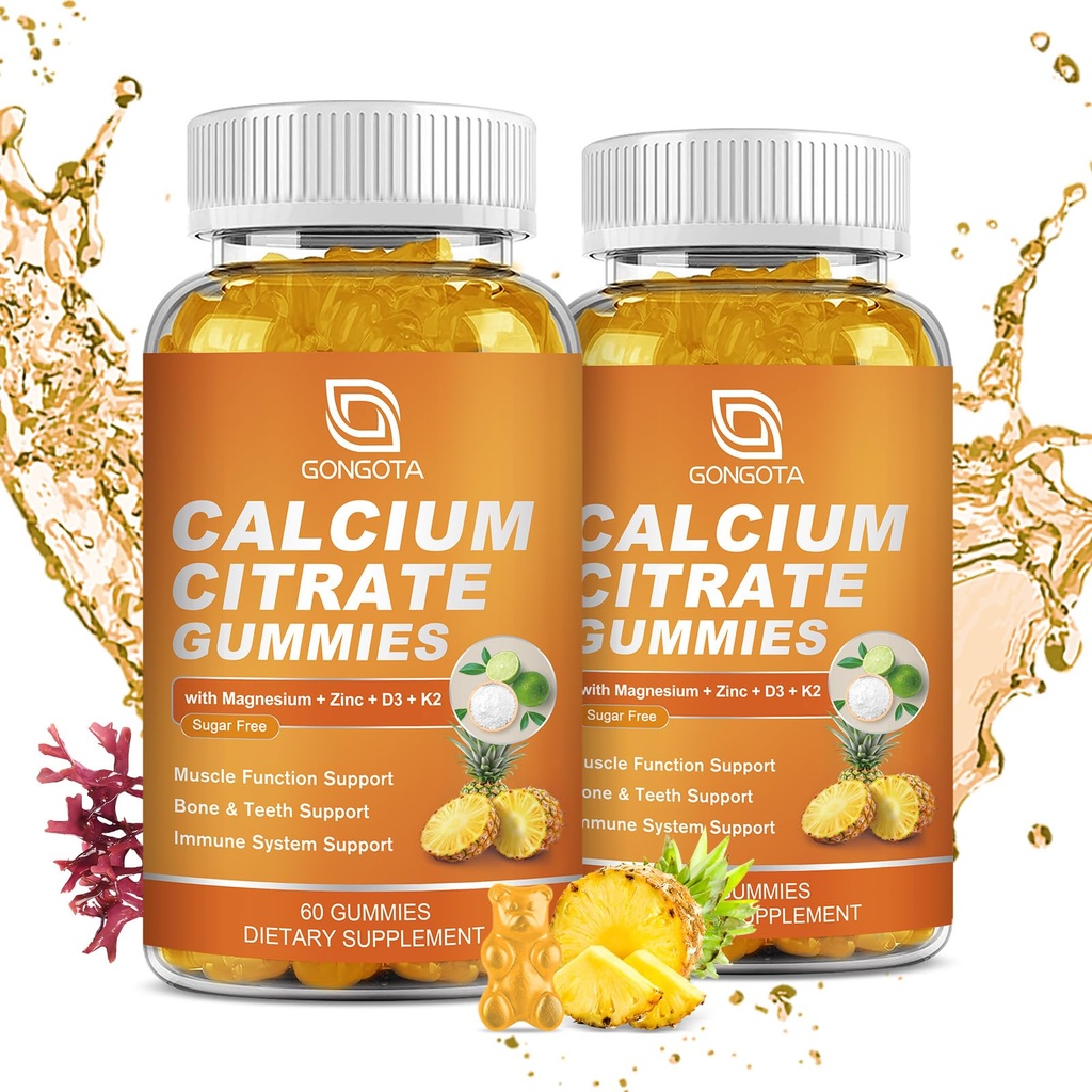 GONGOTA Calcium Citrate 1200mg with Vitamin D3 Gummies, Chewable Calcium for Bone, Muscle, Joints, Immune Support, Calcium Supplements for Women & Men,Sugar Free, Pineapple Flavor - 120 Gummies