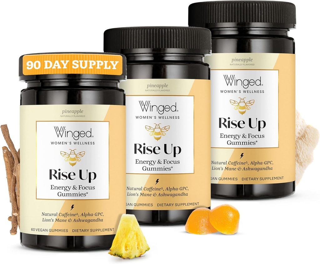 Winged Wellness Rise Up, Energy & Focus Gummies for Women - Daily Brain Boost Gummy Supplement with Natural Caffeine, Ashwagandha, B12, Nootropics Alpha-GPC & Lion's Mane - Pineapple, 180 Gummies