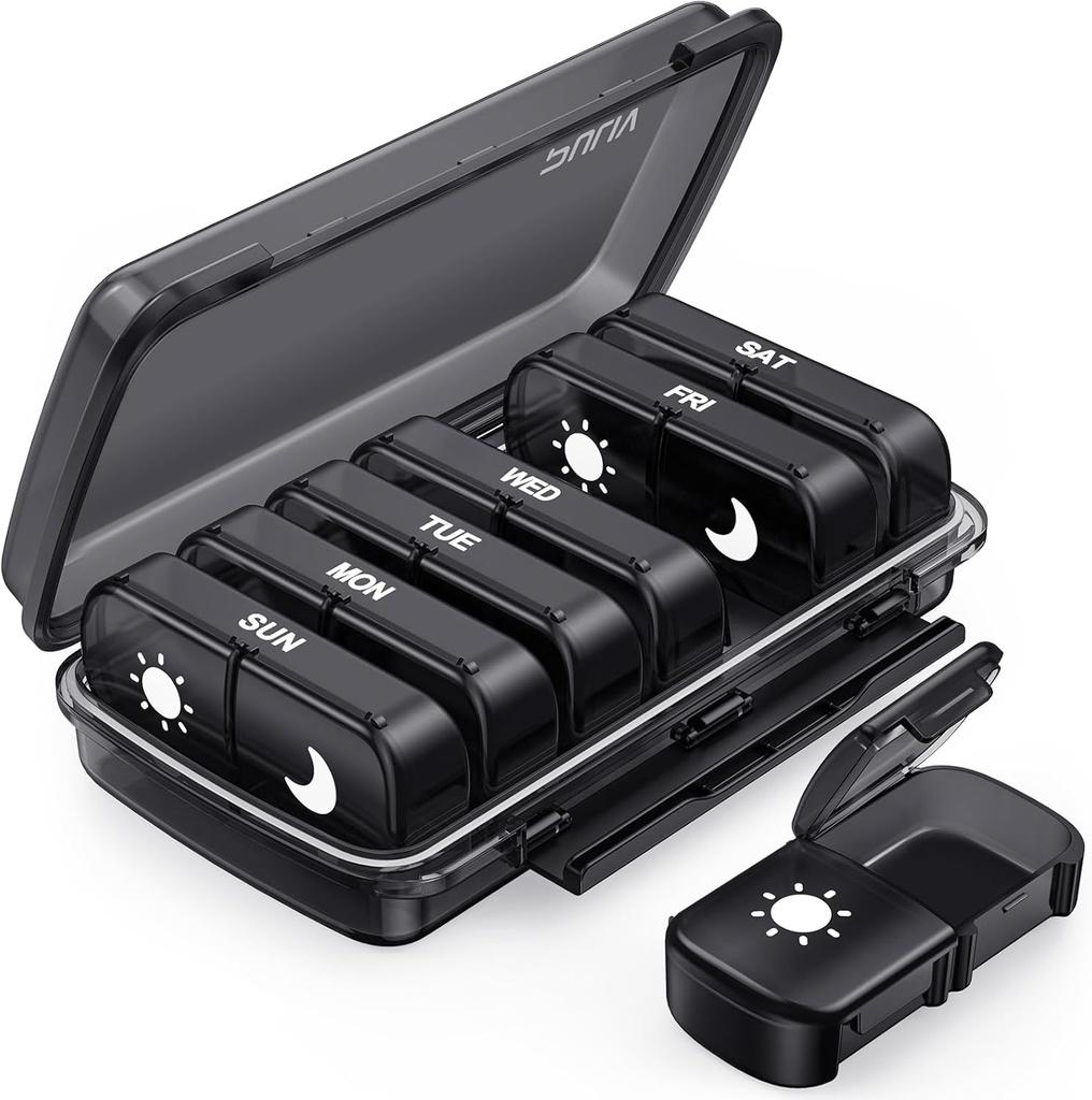 PULIV Haftalık Pill Organizer 7 Day 2 Times a Day, Black Damp-Proof AM PM Pill Box 7 Day, Pill Case with Portable Design, Large Medicine Organizer for Vitamins, Drugs, Fish Oils, Supplements