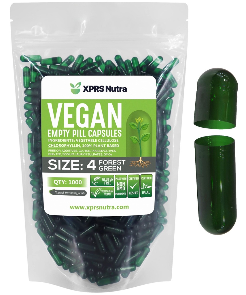 XPRS Nutra Size 4 Empty Capsules - 1000 Count Small Empty Vegan Capsules - Vegetarian Pills - DIY Vegetable Capsule Filling - Fillable Do-It-Yourself Veggie Caps for Supplements (Forest Green)