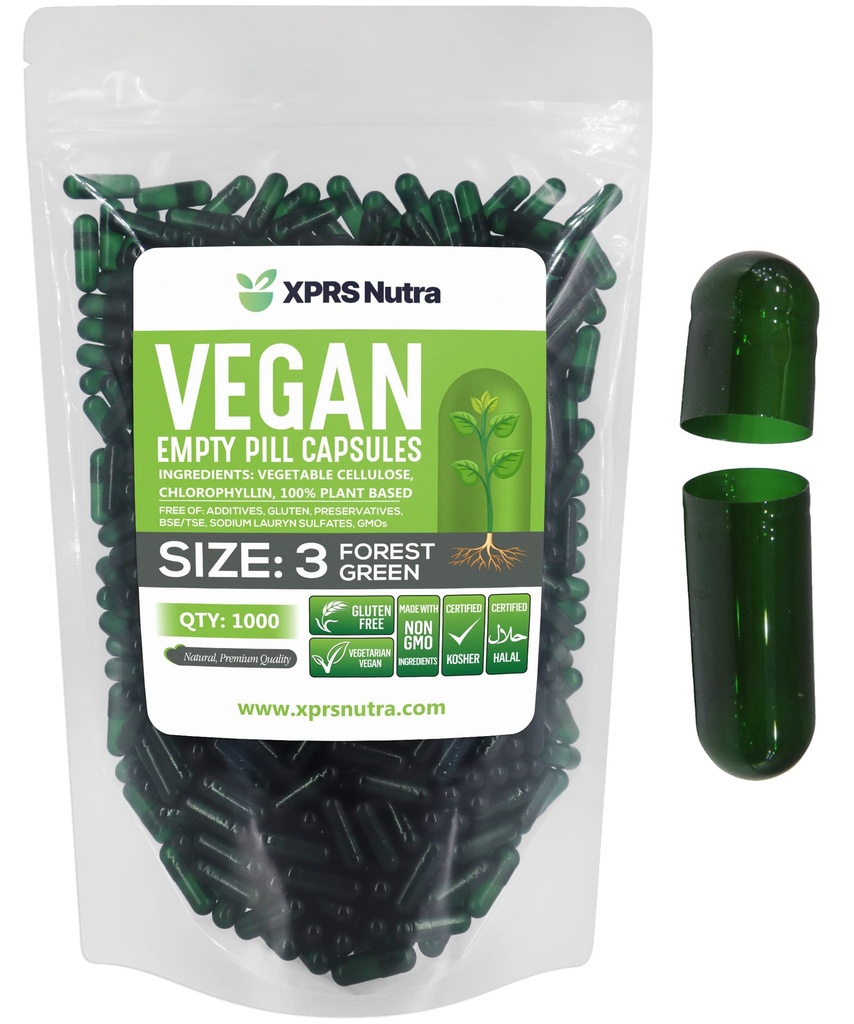 XPRS Nutra Size 3 Empty Capsules - 1000 Count Empty Vegan - Vegetarian Empty Pill Capsules - DIY Vegetable Capsule Filling - Veggie Pill Caps (Forest Green)