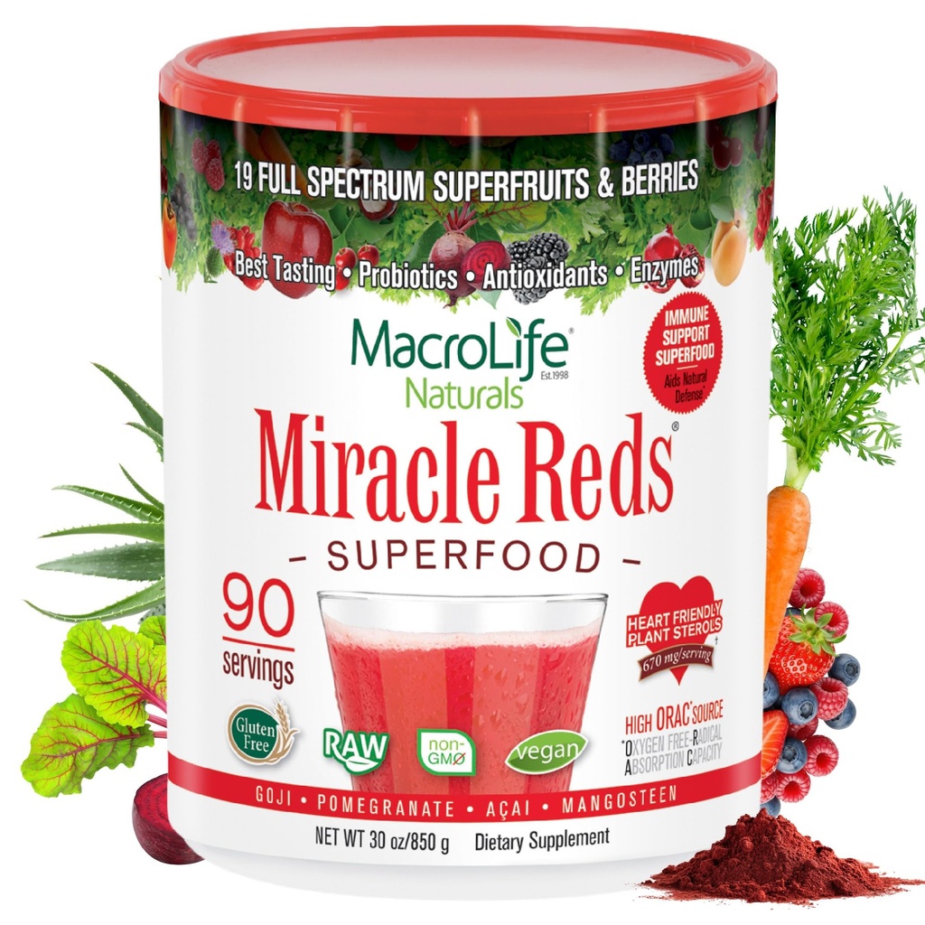 MacroLife Naturals Miracle Reds Superfood Supplement Toz Antioksis Polyols Enzymes Probiyotiks - Raw Non-GMO Organik Vegan Gluten & Dairy Free - 30oz (90 Hizmet) 30oz 30oz (90 Hizmet)