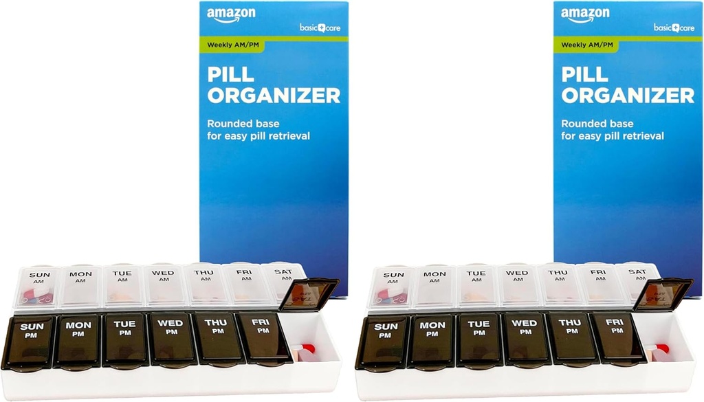 Βασική Φροντίδα (7-Ημέρα) AM/PM Pill Organizer, περίπτωση βιταμίνης, και κουτί ιατρικής, μεγάλα διαμερίσματα, 2 φορές την ημέρα, μαύρο και σαφές Lids (Pack of 2)