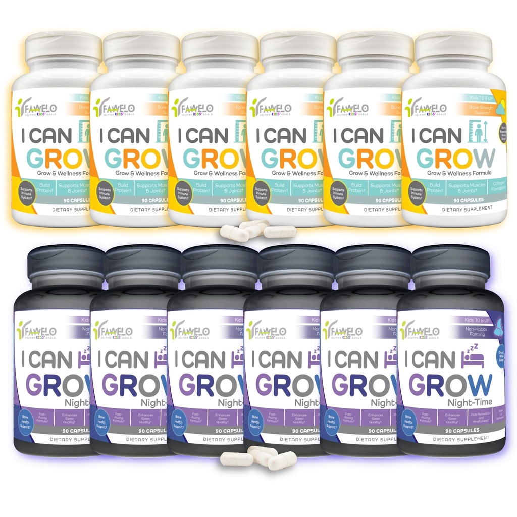 I Can Grow 6-Month Supply Bundle – 6x Day-Time + 6x Night-Time Growth Supplements for Kids 10+ & Teens | L-Arginine, Colostrum, Magnesium | Daily Height Support + Sleep Aid for Natural Growth | 12-Pac