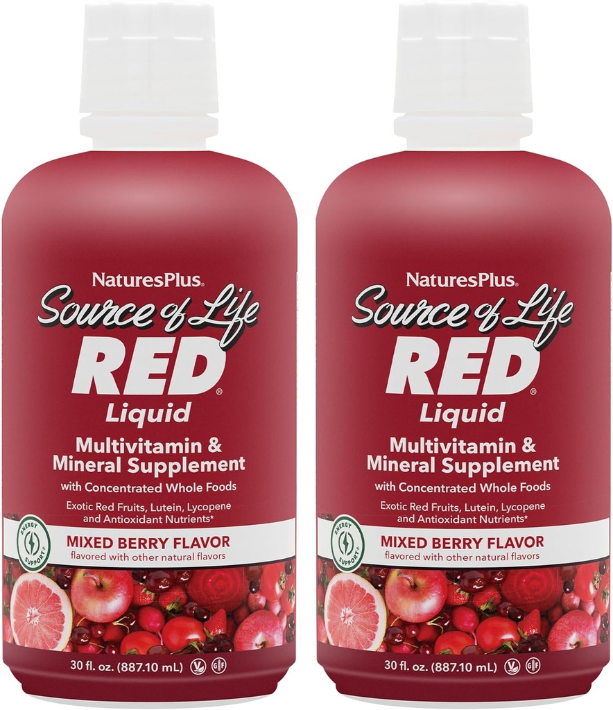 NaturesPlus Πηγή Ζωής RED Πολυβιταμίνη Υγρό - 30 oz, Συσκευασία 2 - Ενέργεια & Ανοσολογική Υποστήριξη - με Εξωτικά Κόκκινα Φρούτα, Λυκοπένιο & Λουτεΐνη - Χορτοφαγικά & Χωρίς Γλουτένη - 60 Σύνολο Υπηρεσίες