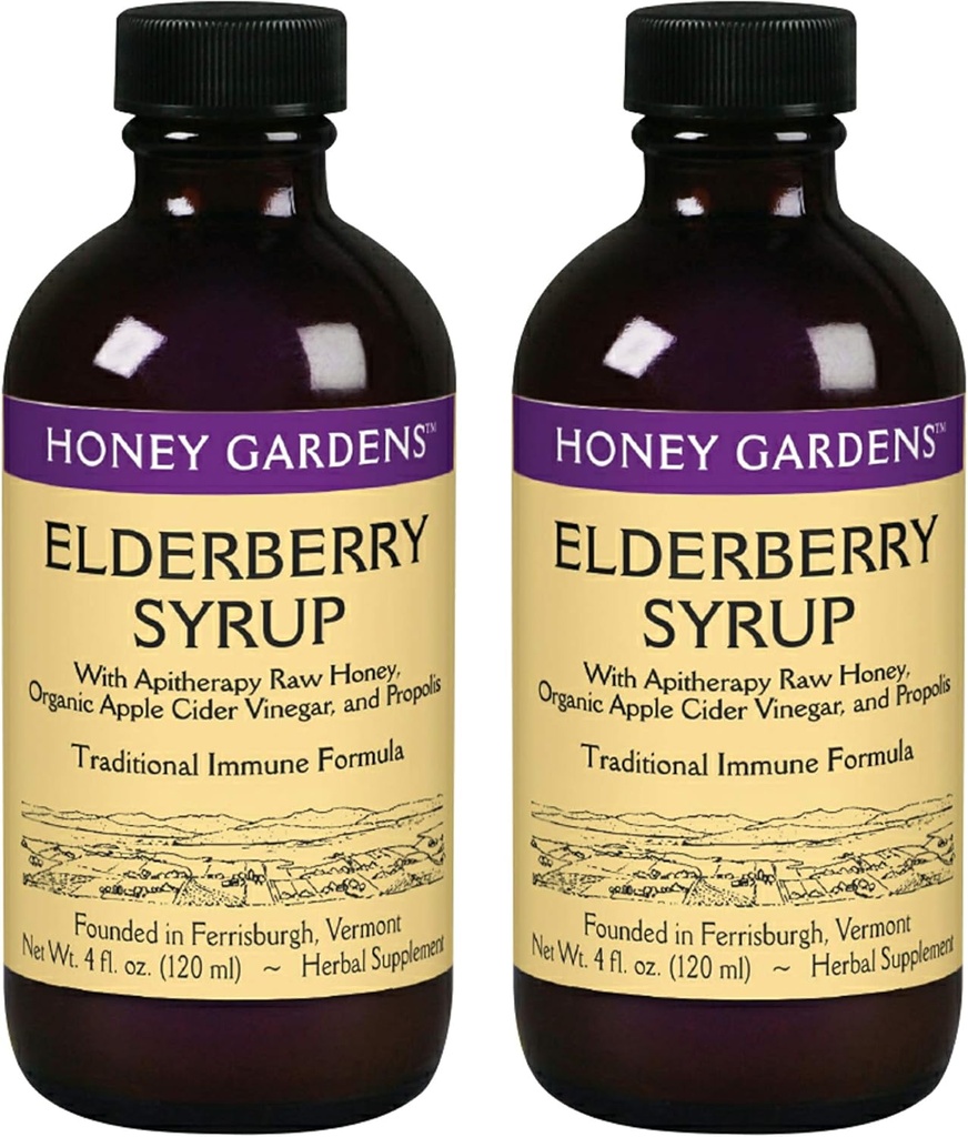 Honey Gardens Elderberry Syrup with Grade A Raw Honey, Propolis, Organic ACV & Elderberries | Traditional Immune Formula w/Echinacea | Made in The USA (4oz, 2pk)