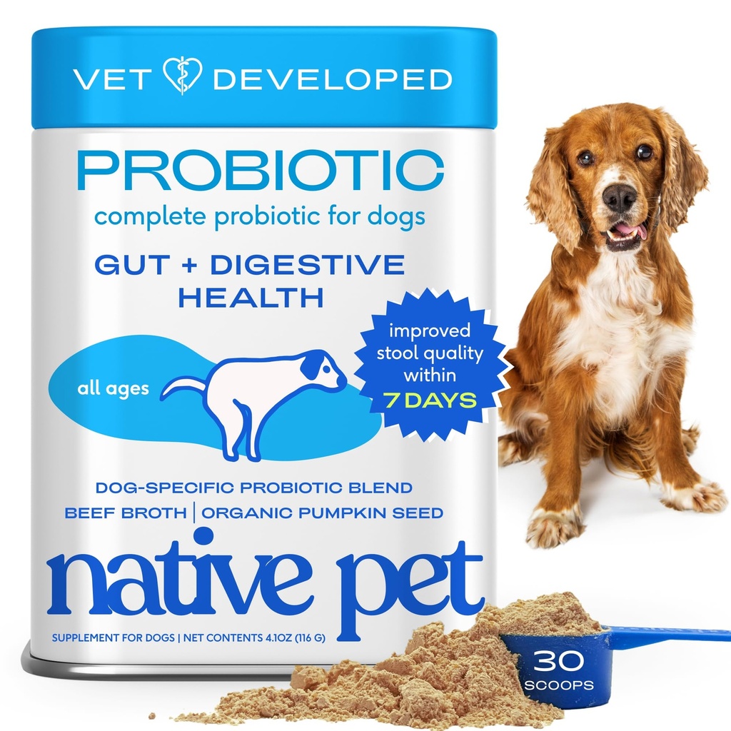 Native Pet Probiotics for Dogs – Dog Probiotic Powder for Gut & Digestive Health, Vet-Formulated 6B CFUs Dog-Specific Probiotic Strains, Supports Stool Quality & Diet Transitions – 30 Scoops
