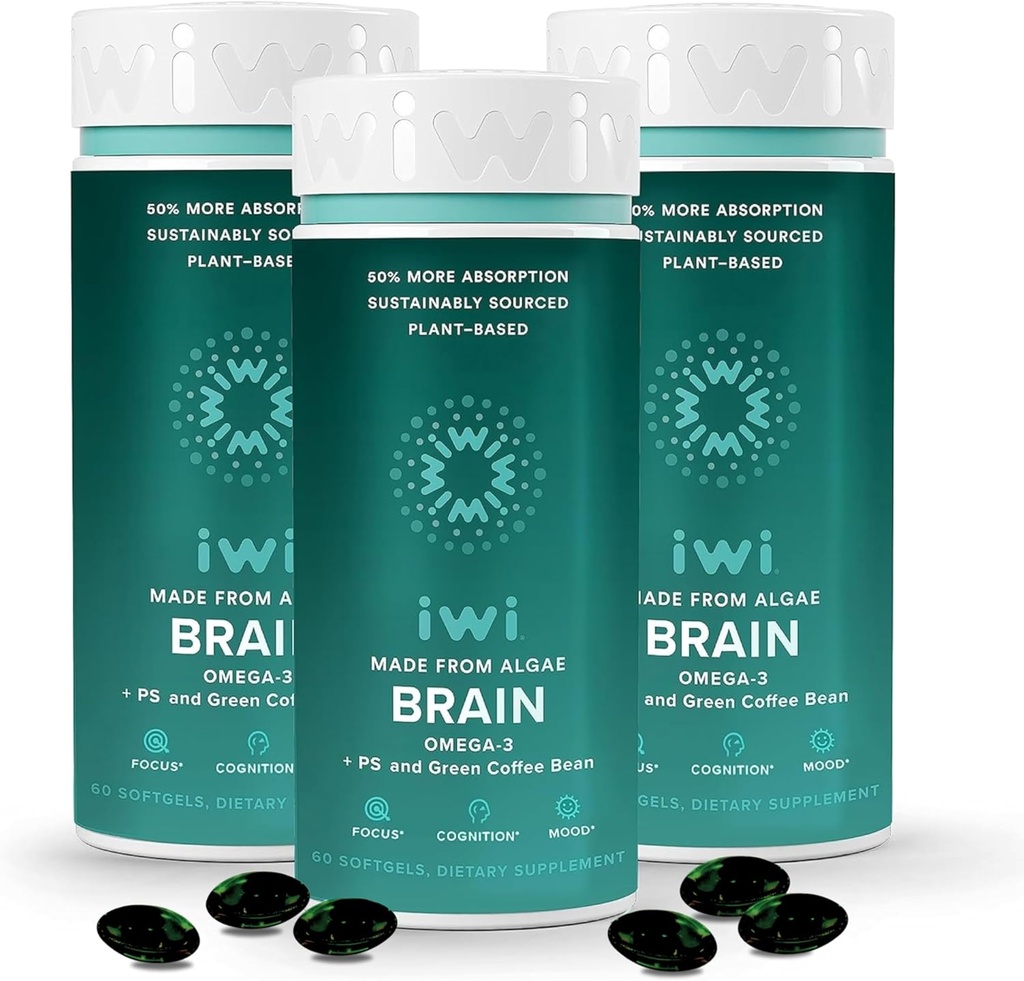iwi life Brain Omega-3, 180 Softgels (90 Hizmet) , Vegan Plant-Based Algae Omega-3 with EPA + DHA, Focus, Memory and Mood Support Diyetary Supplement, Krill & Fish Oil Alternative, No Fishy Aftertaste