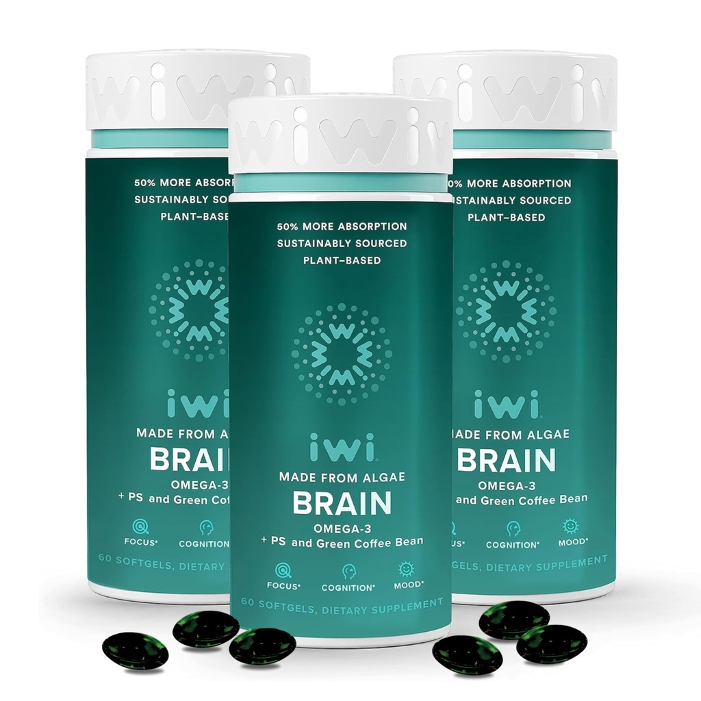 iwi life Brain Omega-3, 180 Softgels (90 Hizmet) , Vegan Plant-Based Algae Omega-3 with EPA + DHA, Focus, Memory and Mood Support Diyetary Supplement, Krill & Fish Oil Alternative, No Fishy Aftertaste