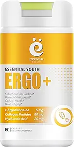 L-Ergothioneine with Collagen Peptides, Hyaluronic Acid, Vitamin C, and E - Advanced Antioxidant, Promotes Longevity & Healthy Aging – Gluten-Free, 60 Capsules (1 Pack)
