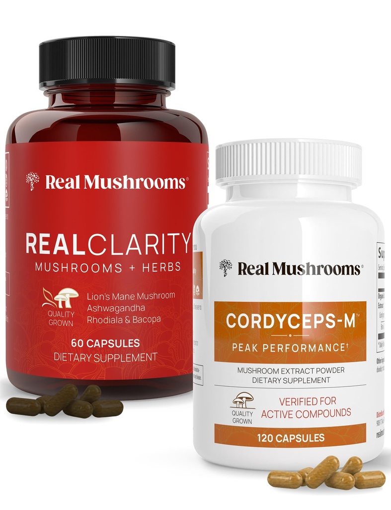 Real Mushrooms RealClarity (60ct) and Cordyceps (120ct) Κάψουλες Bundle - Mushroom Supplement for Mental Clarity, Focus, Energy & Vitality - Vegan, Non-GMO, Επαληθευμένα Επίπεδα Beta-Glucans