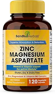 SANDHUHERBALS Magnezyum çinko Aspartate Supplement 120 Capsules / Vitamin B6 & çinko | Yüksek Aborpsiyon, Uyku ve Immune Support | for Men & Women