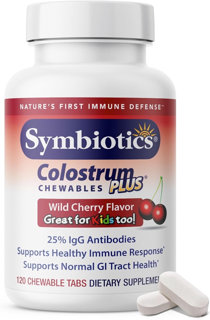 Symbiyotiks Colostrum 120ct Chewables Plus - Immunity Support for Adult & Kids - Lactoferrin Supplement & Colostrum Protein - Destekler Digestion & Gut - 25% lgG Antibodies, Gluten Free - Wild Cherry