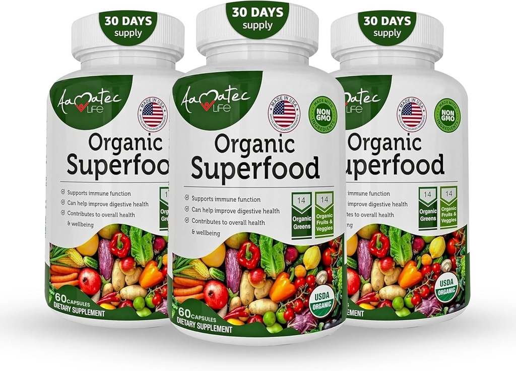 Organic Superfood Greens Fruits and Veggies Complex - Καλύτερο συμπλήρωμα διατροφής με 14 Πράσινα & 14 Φρούτα & Λαχανικά με Αλφάλφα Πλούσια σε Αντιοξειδωτικά Βιολογικά Συστατικά Μη ΓΤΟ (180 Count Pack of 3)