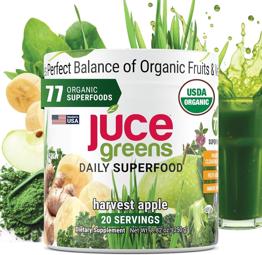 Terra Kai Organics JUCE Green Superfood Toz, Organik Meyveler ve Veggies Supplement W/ 77 Superfoods Plus Prebiyotik Probiyotik Mix, Harvest Apple Flavor - 20 Hizmet (250 g)