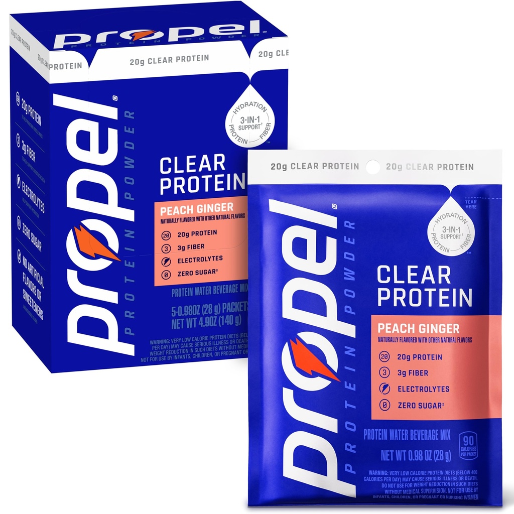 Propel Clear Protein Powder, Peach Ginger, (5 Servings), 20g Protein, Zero Sugar, 3g Fiber, 90 Calories, No Added Colors, No Artificial Sweeteners or Flavors, Electrolytes
