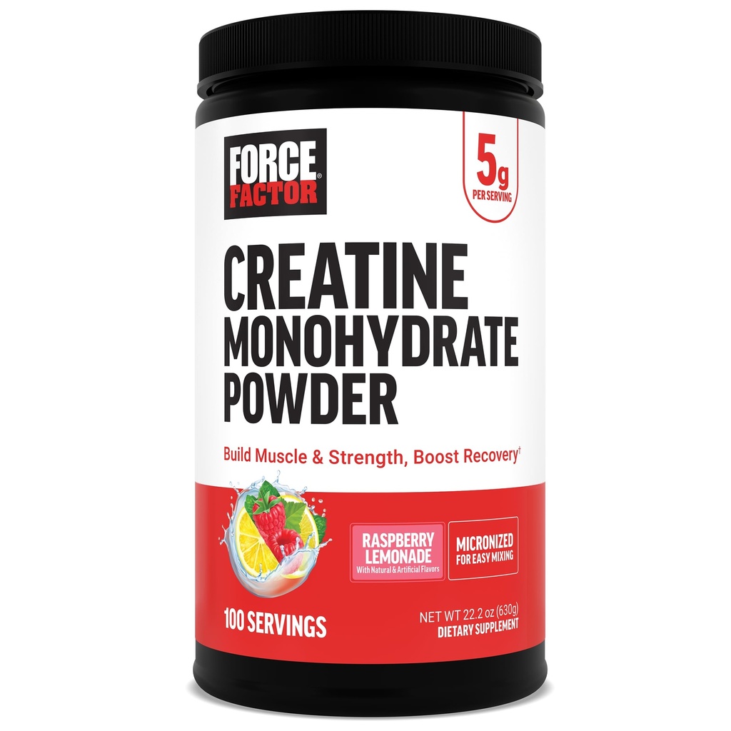 Force Factor Creatine Monohydrate Powder, 5g Micronized Dose to Support Muscle Growth, Strength, Recovery, Cognitive Health & Working Memory, Raspberry Lemonade, 100 Servings