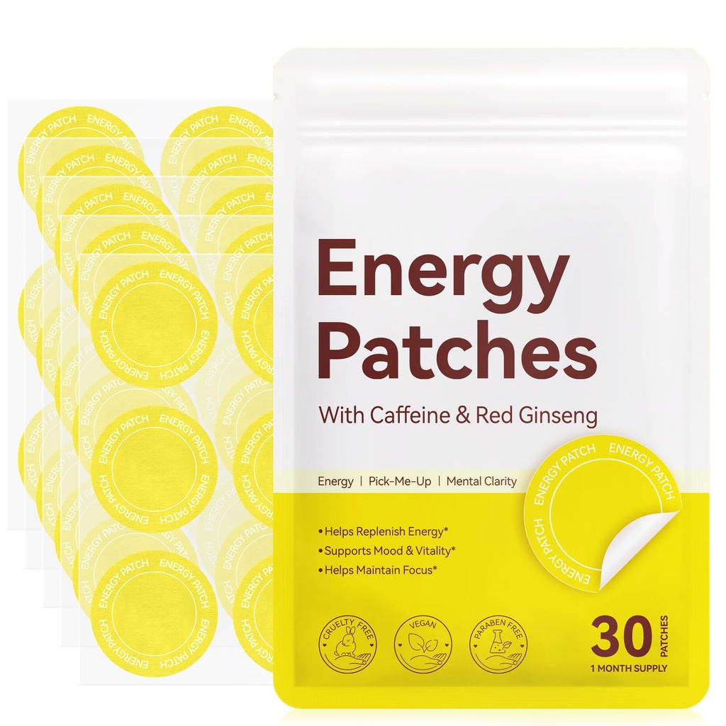 Energy Patches for Focus & Vitality - 8H Time Release Transdermal Patch, Plant-Based, Waterproof & Non-GMO (30 Patches)