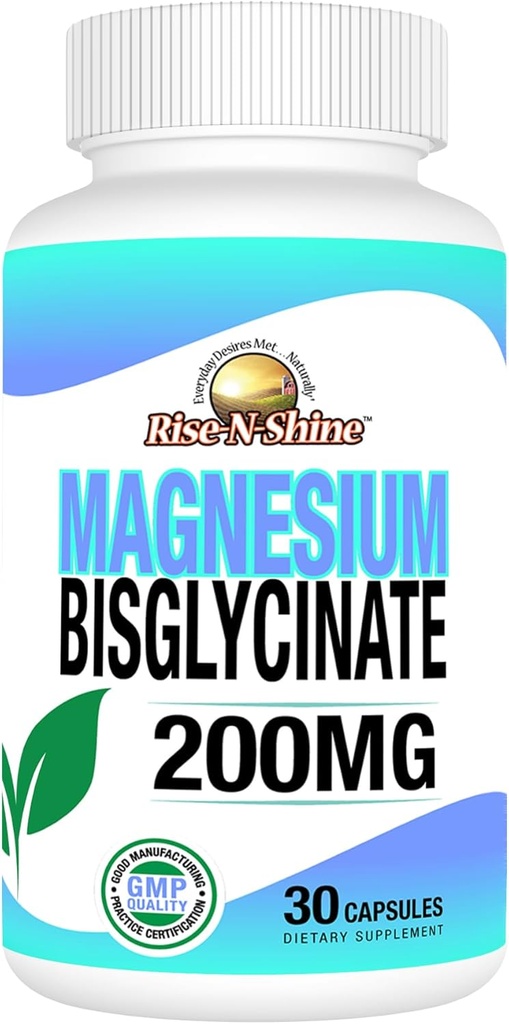 Rise-N-Shine - Μαγνήσιο Διγλυκινικό 200 mg - Κοινή & Μυϊκή Υποστήριξη - Συμπλήρωμα για την υποστήριξη της ενέργειας, της πέψης και των οστών - Μαγνήσιο για την υποστήριξη του ύπνου και την ανάπαυση (30 κάψουλες)