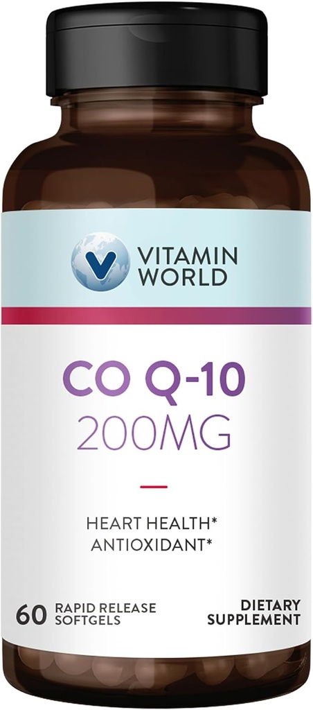 Vitamin World CoQ10 200 mg Softgels, Συμπληρώματα συνένζυμου Q10 για Αντιοξειδωτική Υποστήριξη, Καρδιά Υγεία & Ενέργεια Παραγωγή, Χωρίς Γλουτένη, 60 Rapid Release Softgels
