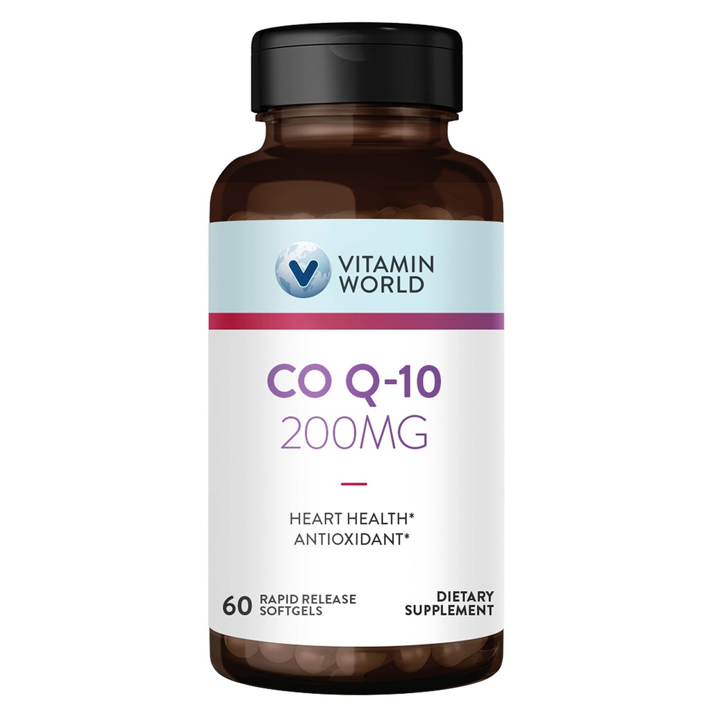 World Vitamin CoQ10 200 mg Softgels, Coenzyme Q10 Antioksi Destek, Kalp Sağlığı ve Enerji Üretimi, Gluten Free, 60 Hızlı Yayın Softgels