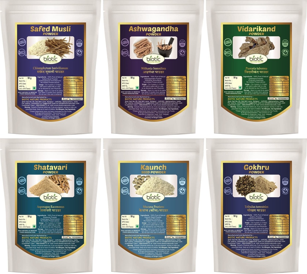 Biotic Safed Musli, Ashwagandha, Shatavari, Gokhru, Vidarikand & Kaunch Seed Powder - 300gms (50gms each)