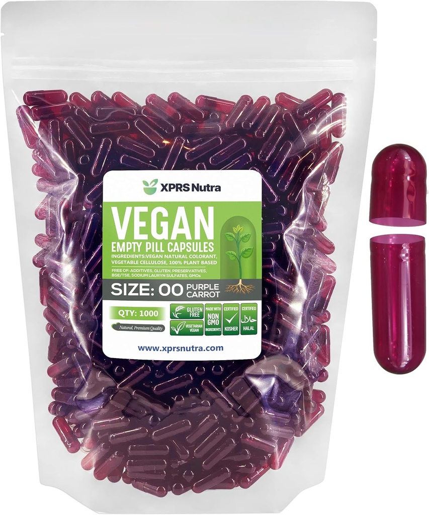XPRS Nutra Μέγεθος 00 Κενές κάψουλες - 1000 Κάψουλες Vegan - Χορτοφαγικά Άδεια Χάπια - DIY Καψάκιο Γέμισμα- Καπάκια Χάπια Veggie (Purple Carrot)