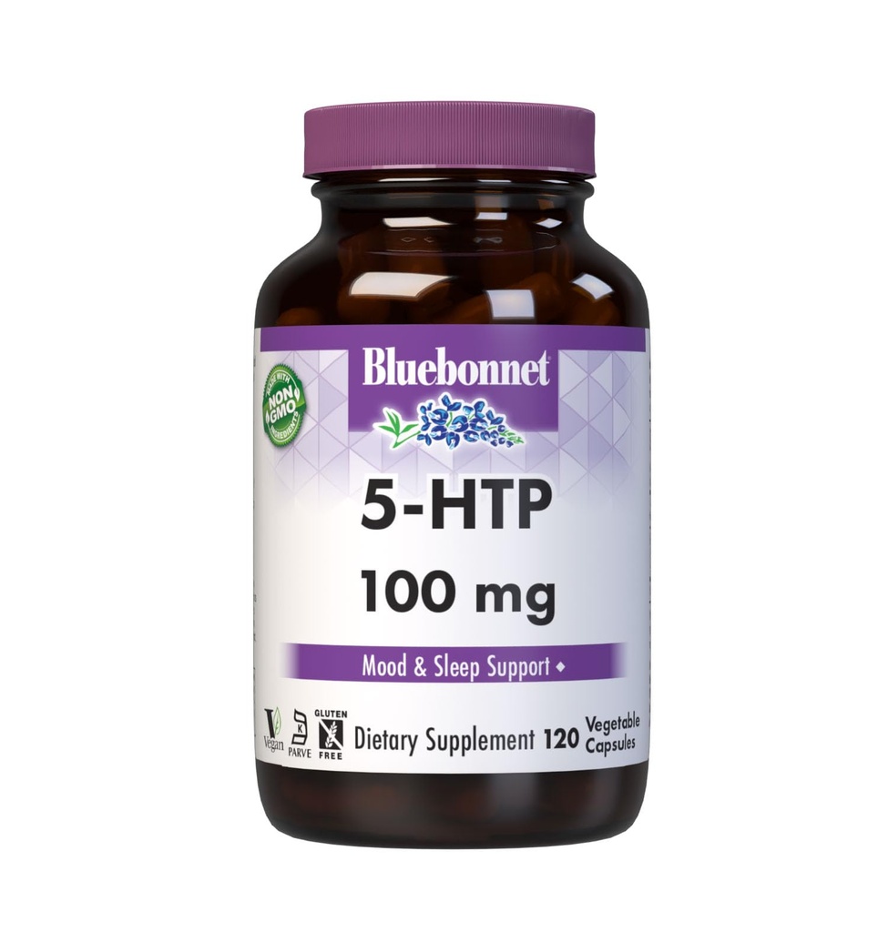 Bluebonnet Nutrition 5-HTP(Hydroxytrypophan) 100mg, for Neurotransmitter Support*, Supports Positive Mood*, Soy-Free, Gluten-Free, Non-GMO, Kosher Certified, Vegan, White,120 Vegetable Capsule