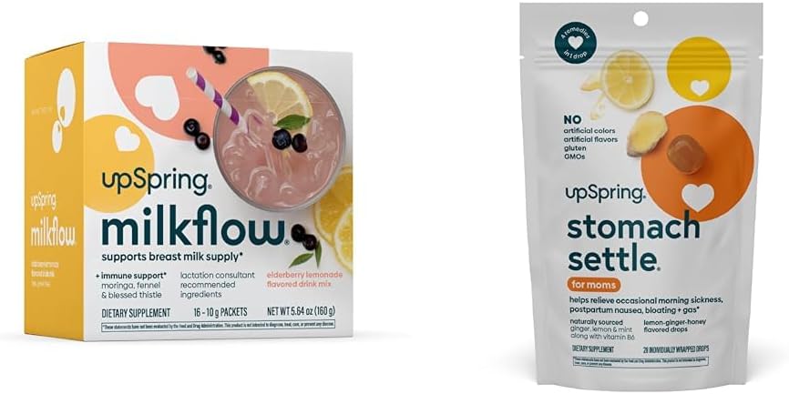 UpSpring Stomach Settle Drops, Honey Flavour, 28 Ct+Milkflow Emziring Supplement Drink Mix with Moringa & feat Thistle, No Fenugreek |Elder Lemonade Flavor|16