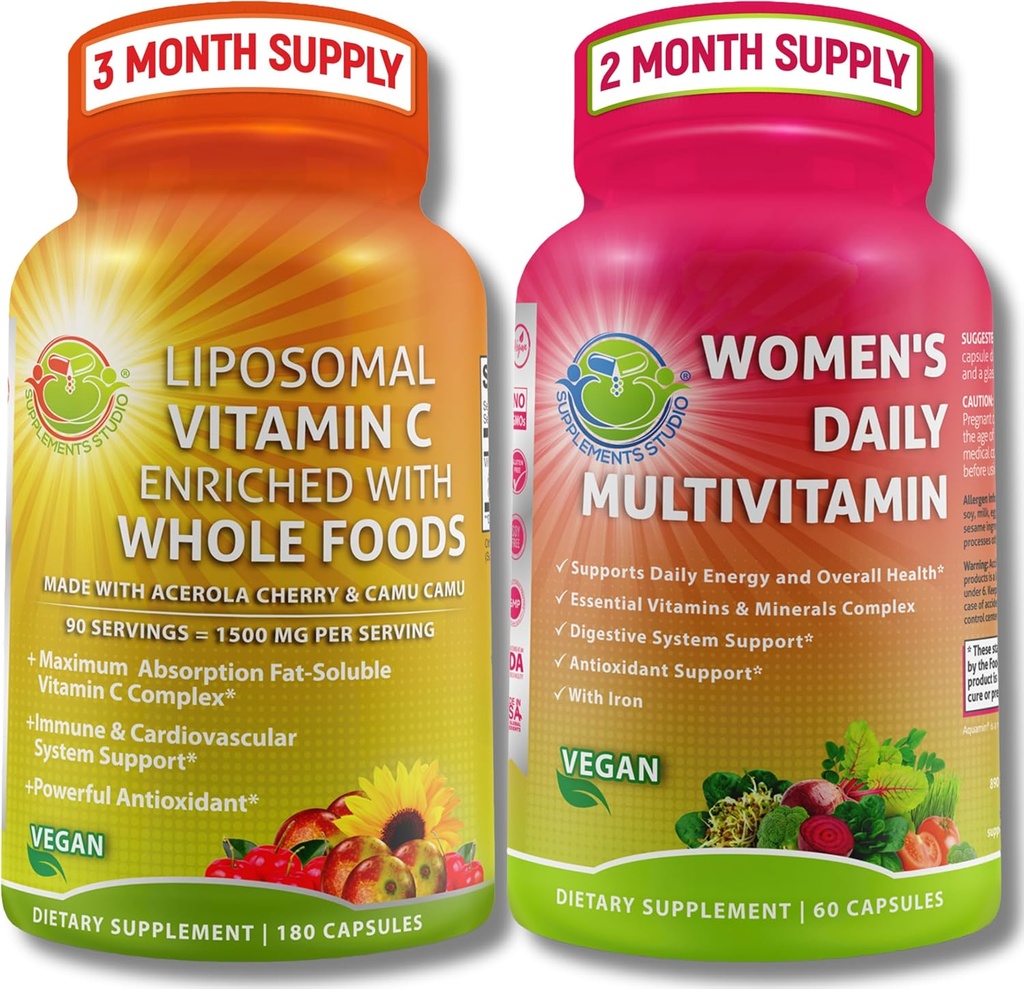 Antioxidant & Immunity Support Bundle - Liposomal Vitamin C 1500mg με Organic Acerola Cherry & Camu Camu + Γυναικεία Καθημερινή Πολυβιταμίνη με Σιδήρο, Υπερτροφές, Προβιοτικά & Ένζυμα – Vegan, Μη ΓΤΟ