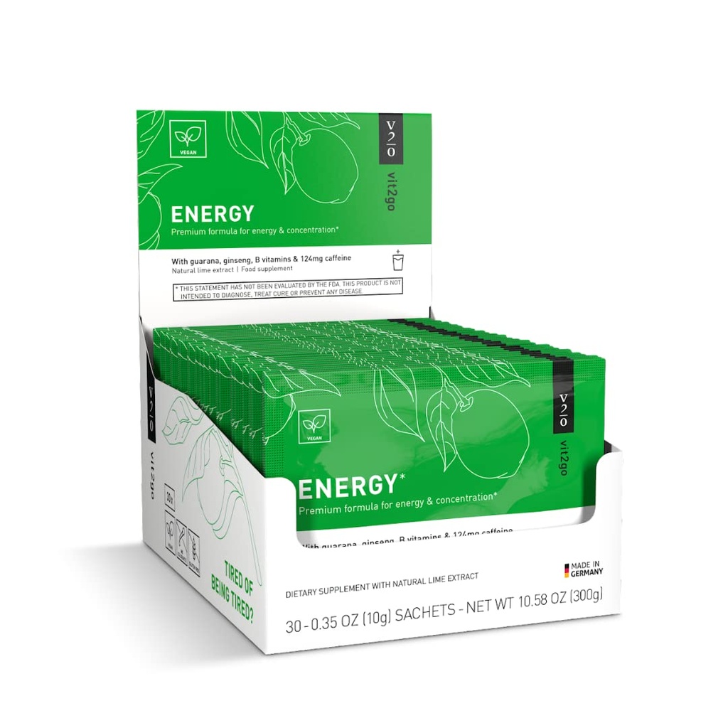 Natural Energy Drink Mix - 124mg Caffeine from Ginseng & Guarana | Sugar-Free, No Crash Pre-Workou Powder | B Vitamins, Magnesium & Zinc | Focus & Performance | Keto, Vegan | 30 Sachets