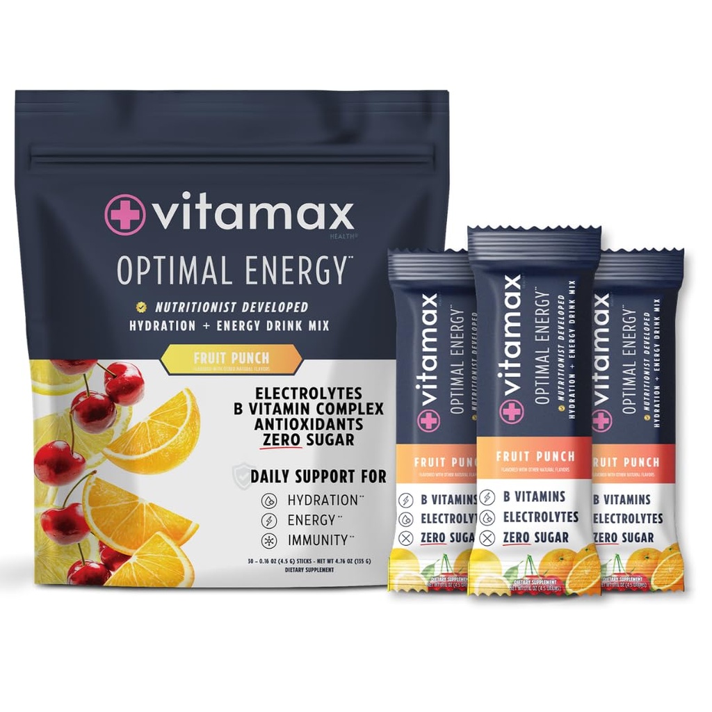 Optimal Energy - Fruit Punch - Sugar Free Hydration Recovery Powder Stick Packs | B Vitamin Complex Electrolyte Drink Mix | Easy Open Single-Serving | Non-GMO | 30 Servings