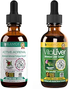 Rejuvica Health Active Adrenal + VitaLiver - Destek Stres + Liver - Daha İyi Aborpsiyon için Sıvı Teslimat - Rhodiola, Süt Butle, Kutsal Basil, Artichoke,