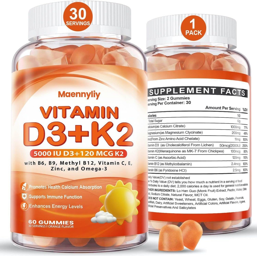 Yetişkinler için D3 K2 Gummies - Vitamin D3 5000IU + K2 (MK-7) 12006 - Omega-3 ile Sugar-Free D3 ve K2 Supplements with Omega-3, Me12, B9, B6, Vitaminler E & çinko - foruba Abception & Immune Health