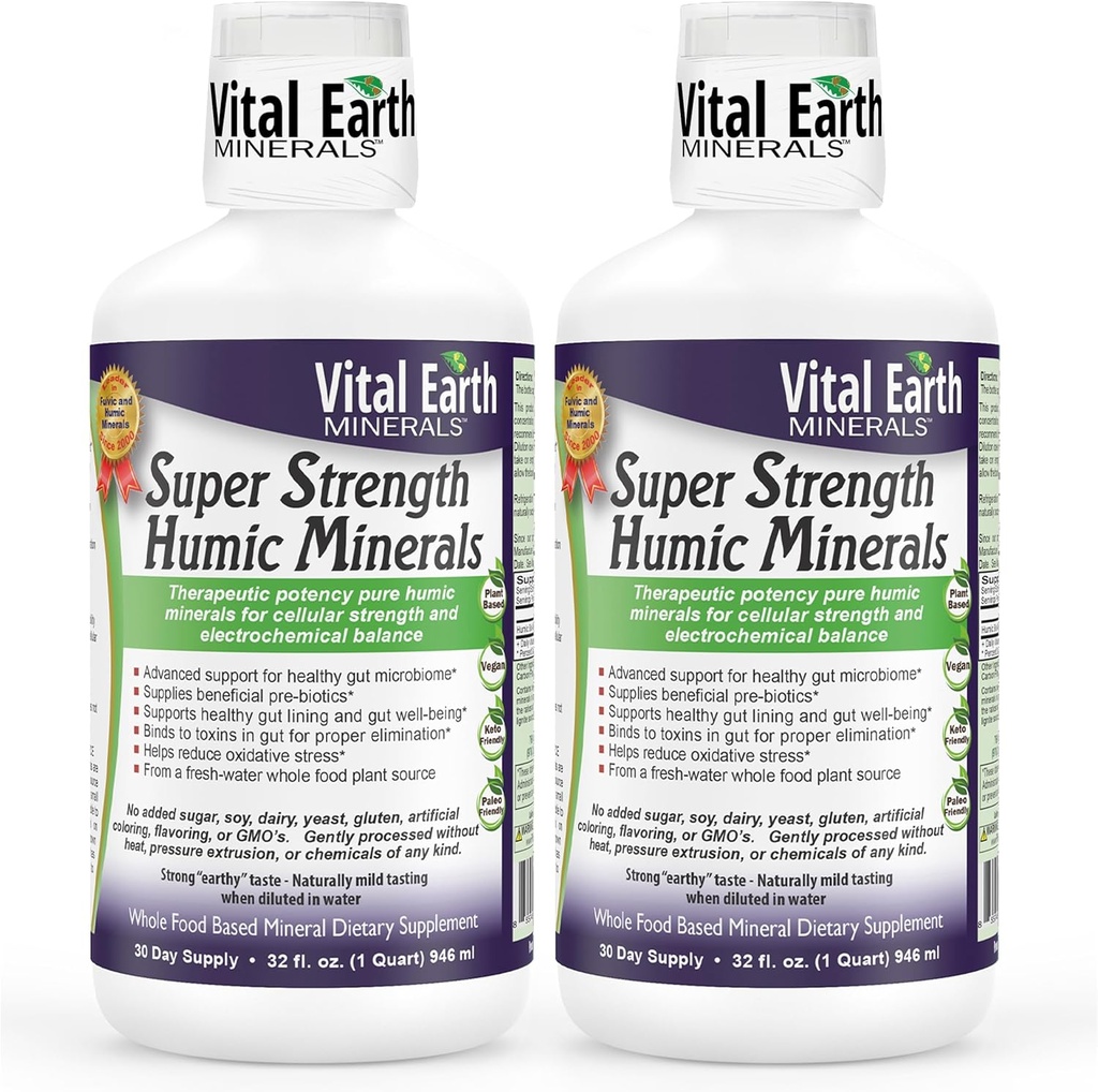 Vital Earth Minerals Super Strength Humic Minerals 2Pack – Fulvic Acid Supplement with 70+ Trace Minerals, Electrolytes for Detox & Digestion, 32 Oz Ea + 1 Oz Cup