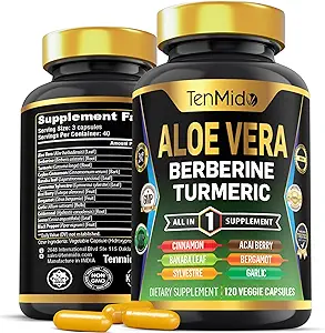 Aloe Vera Capsules Supplement - 12in1 Formula - Berberine, Turmeric, Ceylon Cinnamon, Banaba Leaf, Gymnema Sylvestre, Acai Berry, Bergamot, Garlic ve daha fazlası - 120 Capsules