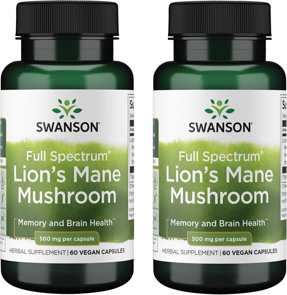 Swanson Full Spectrum Lion's Mane Mushroom - Brain Health Supplement to Support Memory, Focus & Clarity* - Mayıs Ayrıca Immune, Heart & Digestive Health - Gluten-Free & Non-GMO - 60 Capsules (2 Pack)